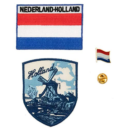 A-ONE 3 PCS Pack- The Netherlands Windmill Shield Badge Patch - Holland Iron-on Patch - Nertherlands Flag Metal Lapel Pin  Travel City Embroided Badge
