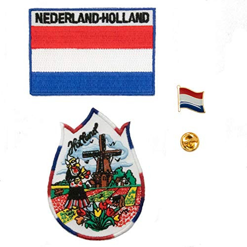 A-ONE 3 PCS Pack- The Netherlands Windmill and Tulip Patch - Holland Flag Embroidered Patch - Netherlands Flag Lapel Pin  Tulip Shape Patch  Metal Pin