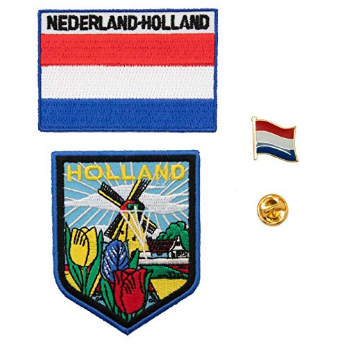 A-ONE 3 PCS Pack- Holland City Patch with Windmill and Tulip - Netherlands Iron-on Patch - Holland Flag Metal Lapel Pin  Travel Embroided Badge  Emble