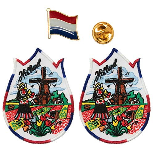 A-ONE 2-1 PCS Pack- The Netherlands Windmill and Tulip Patch 2 Pcs - Netherlands Flag Lapel Pin  Tulip Shape Patch  Metal Pin