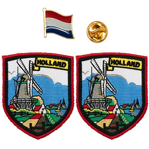 A-ONE 2-1 PCS Pack- The Netherlands Windmill Embroidery Patch 2Pcs - The Netherlands Flag Pinbadges  Holland Shield Patch  Metal Lapel Pin