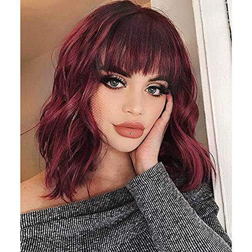 Kmously Synthetic Curly Bob Wig with Bangs Short Wavy Red Wig Burgundy Color Natural Wave Shoulder Length Wigs for Women Daily Party Use