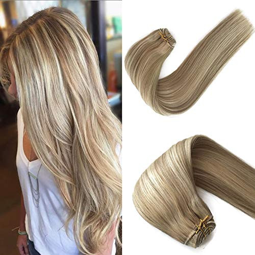 Sew in Human Hair Extensions Real Remy Hair Sew in Weft Hair Weave Bundles Balayage Beige Blonde with Platinum Blonde Highlights Double Weft Full Head