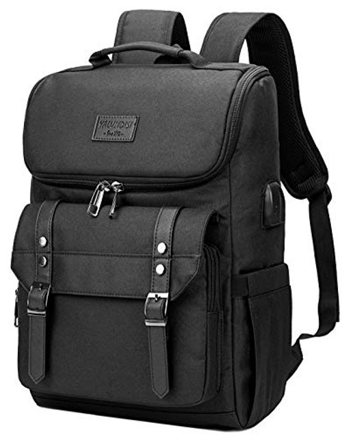 Vintage Backpack Travel Laptop Backpack with USB Charging Port for Women and Men School College Students Backpack Fits 15-6 Inch Laptop Black