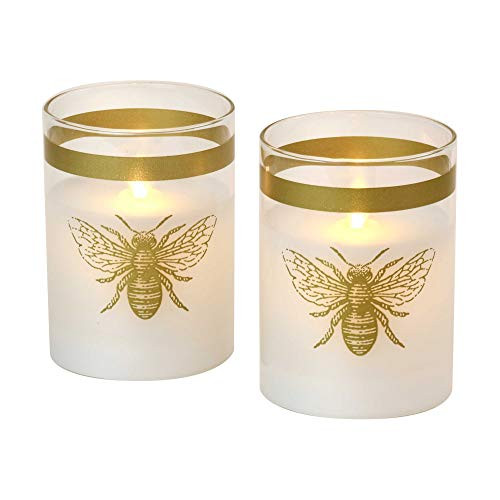 Lumabase 15402 Battery Operated LED Glass Candles with Moving Flame-Honey Bee -Set of 2-  Gold