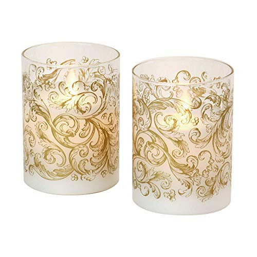 Lumabase 15602 Battery Operated LED Glass Candles with Moving Flame-Baroque Swirl -Set of 2-  Gold