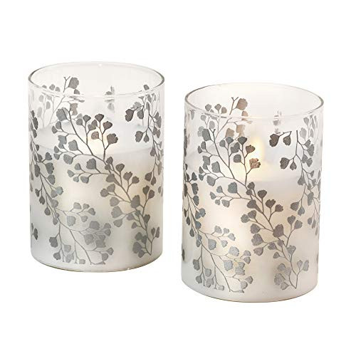 Lumabase 15902 Battery Operated LED Glass Candles with Moving Flame-Maidenhair Fern -Set of 2-  Silver