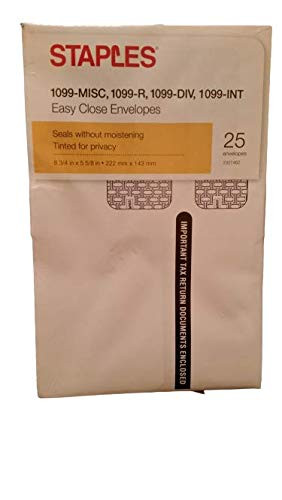 Staples 1099-MISC  1099-R  1099 DIV  1099-INT Double-Window 25 Recipient Security Self-Seal Envelopes  5 5-8 x 8 3-4  White  Pack of 25 Envelopes