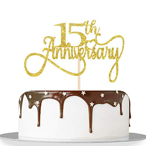 Gold Glitter 15th Anniversary Cake Topper-Happy 15th Birthday Cake Topper -15th Wedding Anniversary Birthday Theme Party Decorations Gold Glitter 15th Anniversary Cake Topper-Happy 15th Birthday Cake Topper -15th Wedding Anniversary Birthday Theme Party Decorations