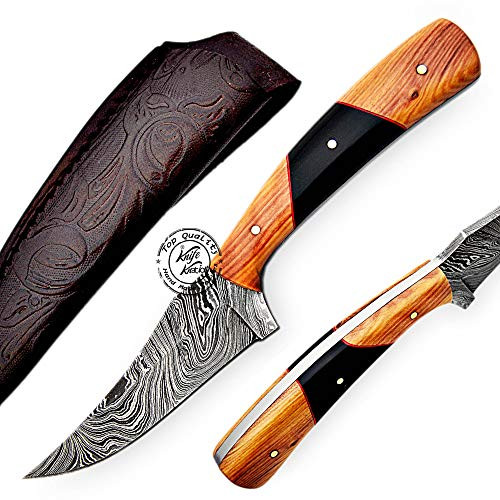 Buffalo Horn and Olive Wood 7 Fixed Blade Custom Hand Made Damascus Steel Cat Skinner Hunting Knife 100 Prime Quality with Leather Sheath KK-311