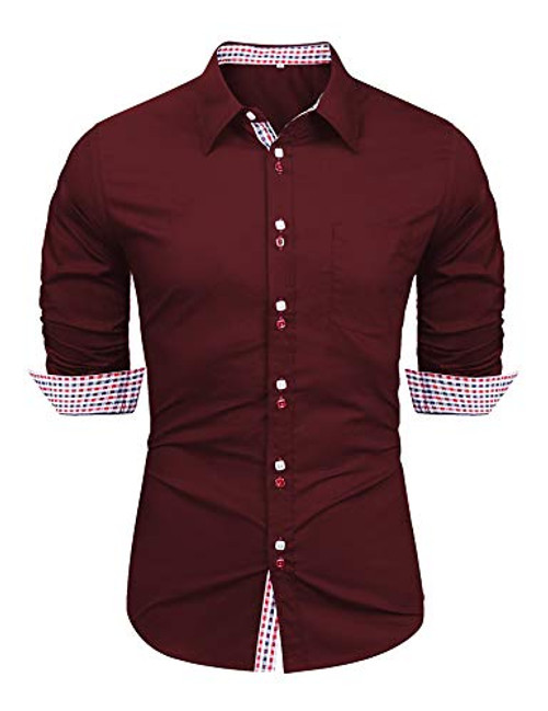 LecGee Mens Long Sleeve Dress Shirt Plaid Collar Cotton Slim Fit Casual Button Down Shirts Wine Red LecGee Mens Long Sleeve Dress Shirt Plaid Collar Cotton Slim Fit Casual Button Down Shirts Wine Red