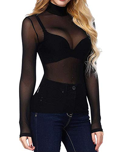 Womens Sexy See Through Shirts Mesh Tops Long Sleeve Turtleneck Neck Sheer Blouse