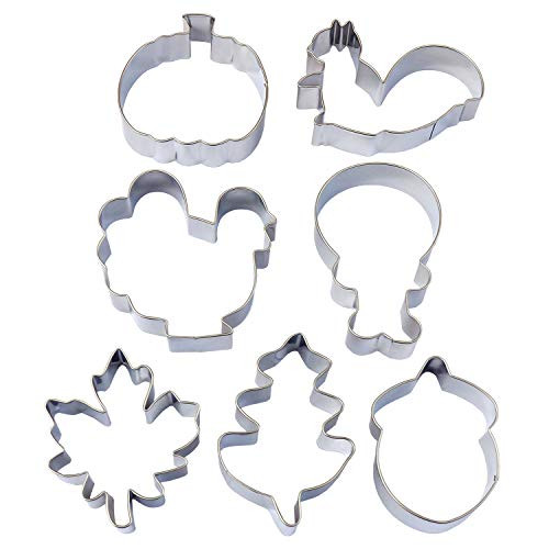 Fall Thanksgiving Cookie Cutters - 7 Piece - Turkey  Pumpkin  Maple Leaf  Turkey Leg  Oak Leaf  Squirrel and Acorn Shapes for Thanksgiving Party Treat