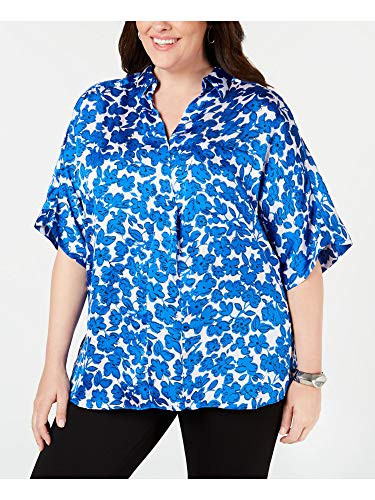 Alfani Womens Plus Floral Hi-Low Blouse Blue 1X