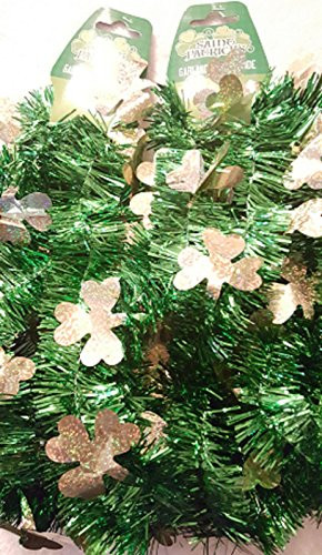 2 St- Patricks Green Tinsel 9-Ft Garlands with GOLD Shamrocks  Total 18 Ft