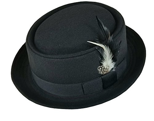 Mens Classic Wool Felt Porkpie Pork Pie Fedora Hats with Feather DTHE10 Black