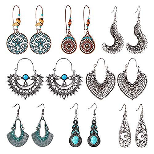 8 Pairs Vintage Statement Drop Dangle Earrings Bohemian National Style Hollow Water Drop Heart Shaped Alloy Long Boho Dangle Earrings for Women Girls