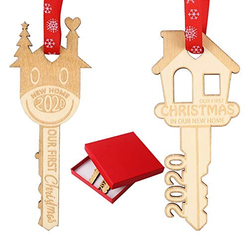 DIYASY 2020 Christmas Ornament Our First Christmas in Our New Home Key Shape Wood Housewarming Gift Xmas Tree Hanging Decoration for First Homeowner 2