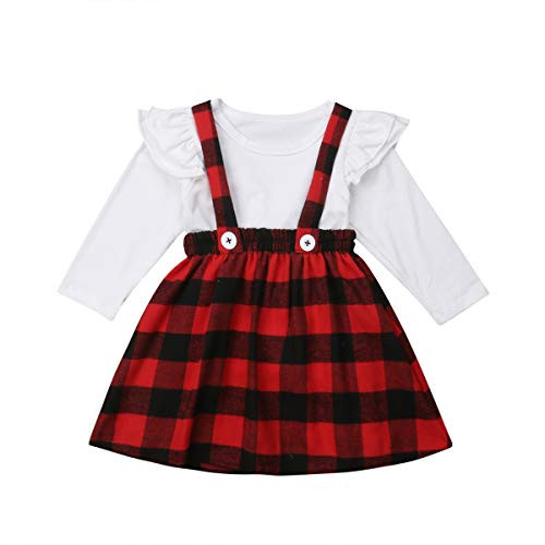 Toddler Baby Girls Christmas Outfit Kids Ruffle Sleeve Tops Buffalo Plaid Suspender Skirt Outfits Xmas Clothes Set -Xmas Plaid-White  2-3T- Toddler Baby Girls Christmas Outfit Kids Ruffle Sleeve Tops Buffalo Plaid Suspender Skirt Outfits Xmas Clothes Set -Xmas Plaid-White  2-3T-