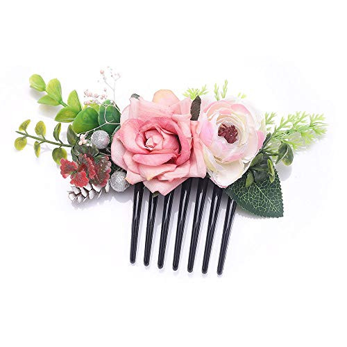 Anglacesmade Bridal Flower and Leaf Hair Comb Blush Ivory Floral Back Comb Eucalyptus Rustic Wedding Prom Party Festival Hair Jewelry for Women and Gi