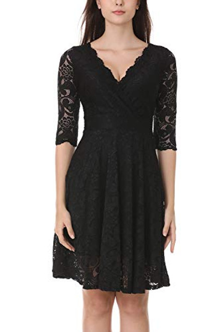 Women Floral Lace Bridesmaid Party Dress Short Prom Dress Deep V Neck Midi Cocktail Dress for Women Party Wedding Black Women Floral Lace Bridesmaid Party Dress Short Prom Dress Deep V Neck Midi Cocktail Dress for Women Party Wedding Black