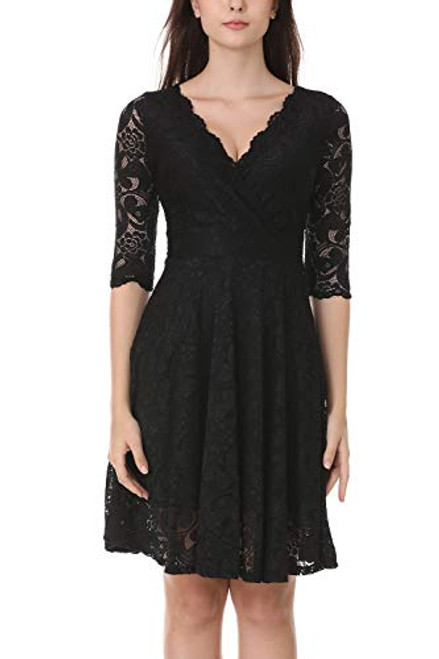 Women Floral Lace Bridesmaid Party Dress Short Prom Dress Deep V Neck Midi Cocktail Dress for Women Party Wedding Black