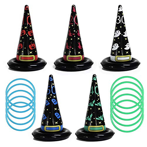 MOLECOLE 5PCS Halloween Ring Toss Game Inflatable Spiders Witchs Hat Toss Game with 10 Plastic Ring Toss  for Kids Halloween Party Favors Indoors Out