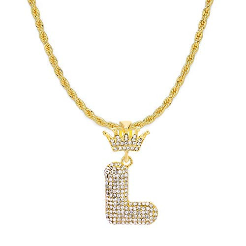 HH Bling Empire Iced Out Hip Hop Gold Cz Diamond King Crown Initial Letter Pendants Chains -Crown L-Gold  with Rope-