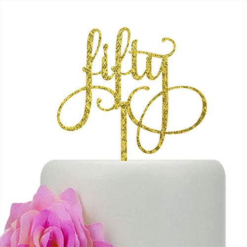 Fifty Cake Topper - 50th Birthday Wedding Anniversary Party Decorations - Cheers to 50 Years Cake Decors -Gold Glitter-