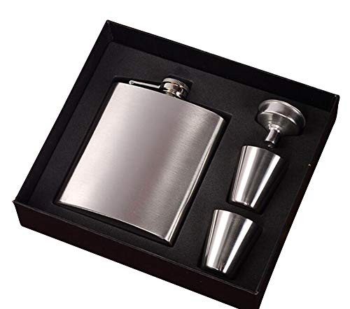 Hip Flask Gift Box Set Silver Stainless Steel with 2 Shot Glass and 1 Funnel for Liquor Alcohol for Men Women 8 Oz