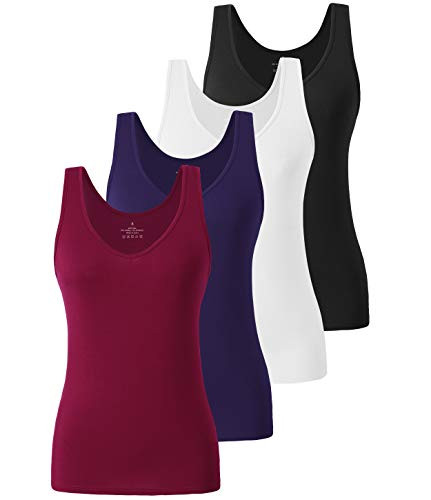 Xelky Womens 4 Pack Tank Tops V Neck Undershirt Lightweight Plain Sleeveless Shirts Stretch Basic Wide Strap Tanks Black-White-Navy-Wine Red S