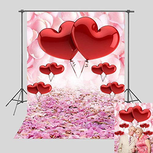 5X7FT Red Heart Balloon Pink Floral Valentine Day Photography Backdrop Mothers Day Decorations Background Bridal Shower Wedding Photo Studio Booth Pro