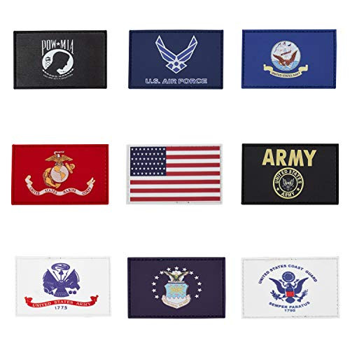 9 Pack USA Military Army Armed Forces Patch Set  US Army Gold Crest Marine Corps Navy Air Force Coast Guard POW MIA Flags PVC Patch with Hook Velcro f