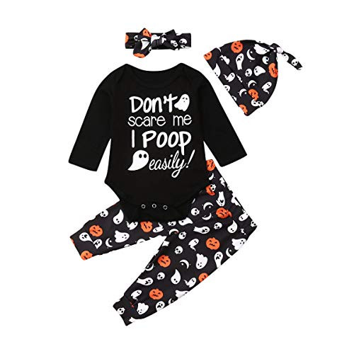 Newborn Baby Boy Girl Halloween Clothes My First Halloween Pumpkin Print Romper - Long Pants - Headband 3Pcs Outfits -Black 3  0-6 Months-