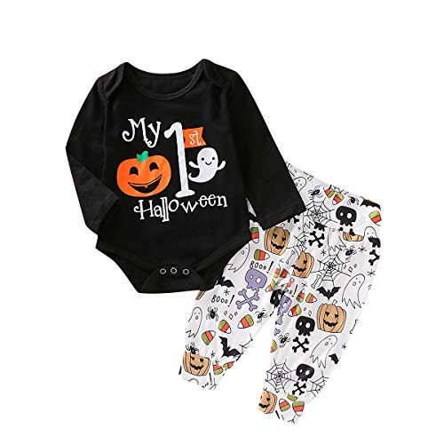 Newborn Baby Boy Girl Halloween Clothes My First Halloween Pumpkin Print Romper - Long Pants - Headband 3Pcs Outfits -Black 4  6-12 Months-