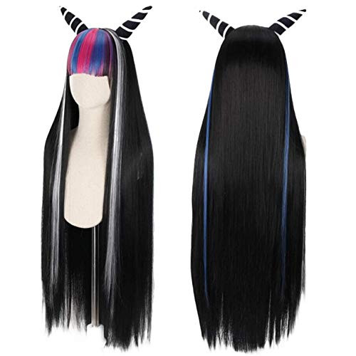 Ebingoo Wig Multi-colored Cosplay Wig For Women Black and White wig With Blue And Red Bangs Long Straight Wig Synthetic Wig For women