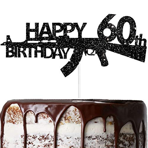 Gun Happy 60th Birthday Black Glitter Cake Topper - Cheers To 60 Years Old Anniversary Party Decorations Supplies