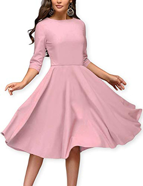 Womens Elegance Audrey Hepburn Style Dress Round Neck 3-4 Sleeve Pleated Swing Midi A-line Dresses with Pockets-Pink  Large-