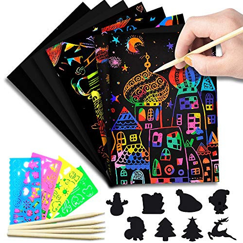 O-heart 50Pcs Scratch Paper Art Set  Rainbow Magic Scratch Paper for Kids Black Scratch it Off Art Crafts Notes Boards Sheet with 5 Wooden Stylus for