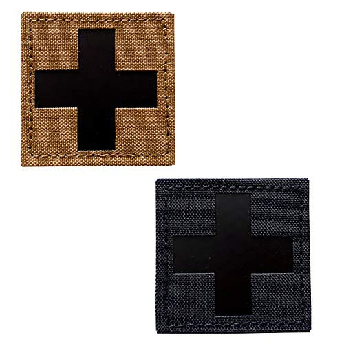 2 Pieces Infrared IR Reflective Medic Cross Multicam MED Medical EMS EMT Tactical Patch Fastener Patch Hook-Loop 2x2 inch -Black-Tan-