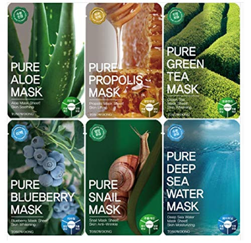 Tosowoong Pure masksheet 12PCS -Mask pack-Essence Facial Mask Sheet - Aloe-Blueberry-Green tea-Snail-Deep sea water-Propolis -6 Types X 2-