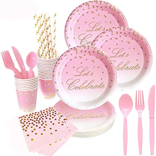 Pink and Gold Party Supplies  168PCS Pink Paper Plates Disposable Dinnerware Set Includes Dinner Plates  Napkins  Cups and Straws Suitable for Baby Sh