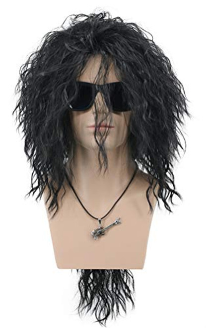 VGbeaty Men Women Long Curly Black 70s 80s Rocker Wig Halloween Cosplay Costume Anime Wig