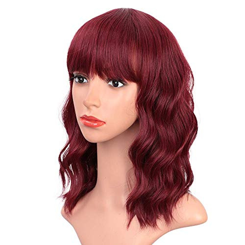 Wine Red Wigs for Women Short Curly Wavy Wigs with Bangs Synthetic Bob Wig Shoulder Length Burgundy Wig Natural Looking Wig for Daily Party Use