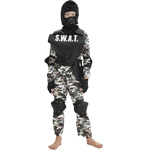 Children SWAT Costume Military Uniform Police Set Special Soldier Cosplay Halloween Camouflage Army Gift -Black  S-