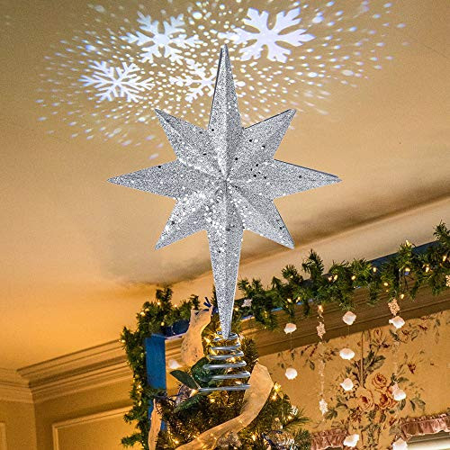 YEAHOME Christmas Star Tree Topper  Lighted Star Tree Topper Silver Christmas Tree Star with Projector Lights Xmas Tree Topper for Christmas Tree Deco