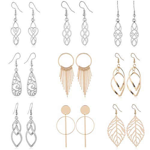 9 Pairs Drop Dangle Earrings Set - Silver Gold Plated Vintage Statement Boho Bohemian Earrings Set Jewelry Gift for Women Girls
