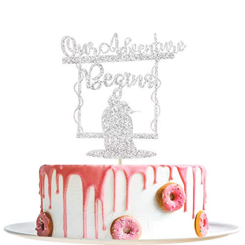 Silver Glitter Our Adventure Begins Cake Topper - Mr and Mrs Engagement-Wedding-Marry-Anniversary Party Decorations Supplies