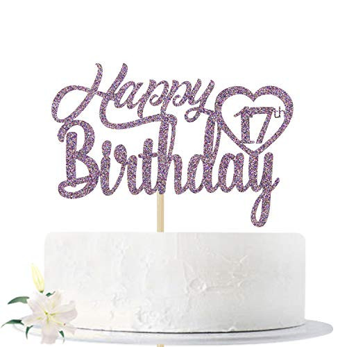 Purple Glitter Happy 17th Birthday Cake Topper  Hello 17  Cheers to 17 Years Old  Seventeen Years Old Party Decoration Supplies