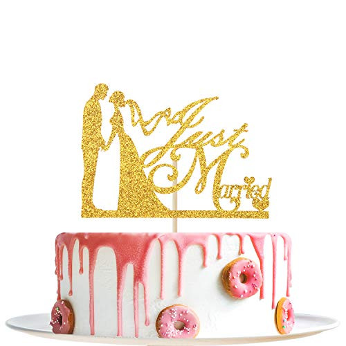 Gold Glitter Just Married Cake Topper - Engagement-Wedding-Bridal Shower-Marry-Anniversary Party Decoration Gold Glitter Just Married Cake Topper - Engagement-Wedding-Bridal Shower-Marry-Anniversary Party Decoration